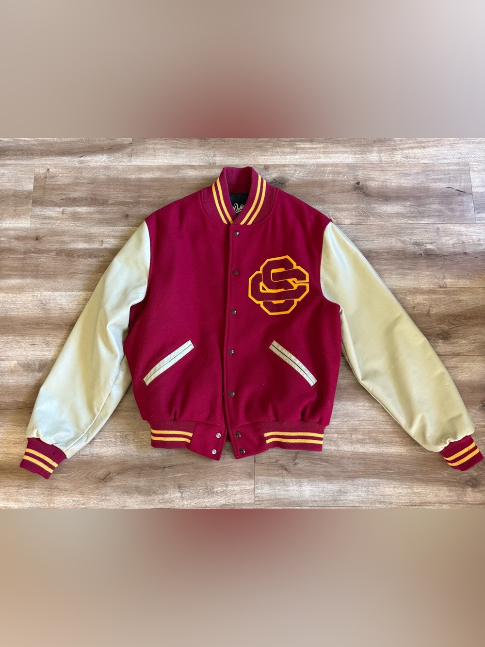 Vintage Dehen Varsity USC Wool Jacket Leather Sleeves, Cardinal & Gold men’s Lrg